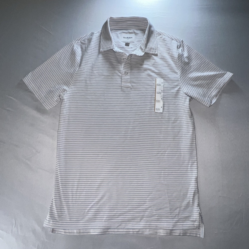 Goodfellow & Co Mens Small White Blue Pink Striped Short Sleeve Polo Shirt